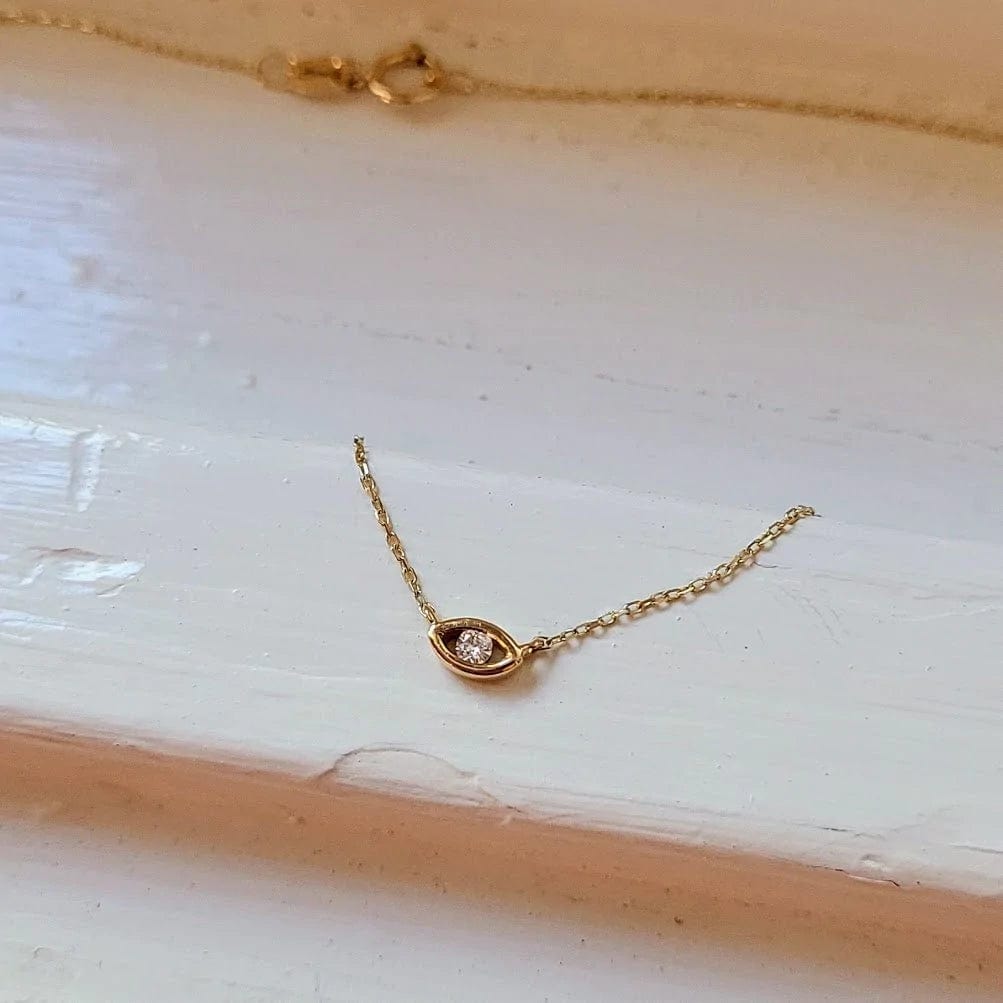 Alef Bet - Evil Eye Diamond Bezel Necklace - 14k Yellow, White or Rose Gold - ModernTribe