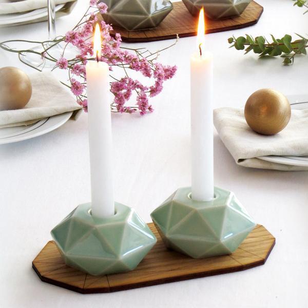 Studio Armadillo - Light Green Hexagon Candlesticks - Pair - ModernTribe