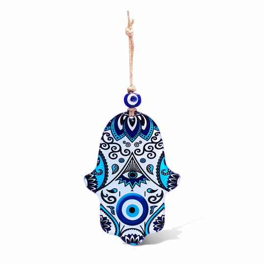Watchful Evil Eye and Hamsa Glass Wall Hanging