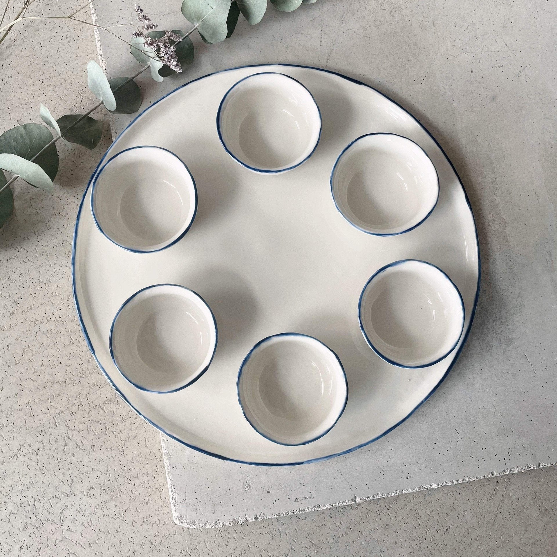 SIND Studio Seder Plates White with Blue Trim Porcelain Seder Plate by SIND Studio