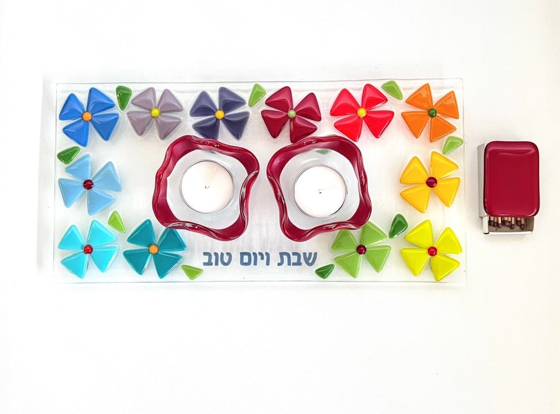 Shevi B Glass Creations Candleholders Floral Shabbat Candlestick Set
