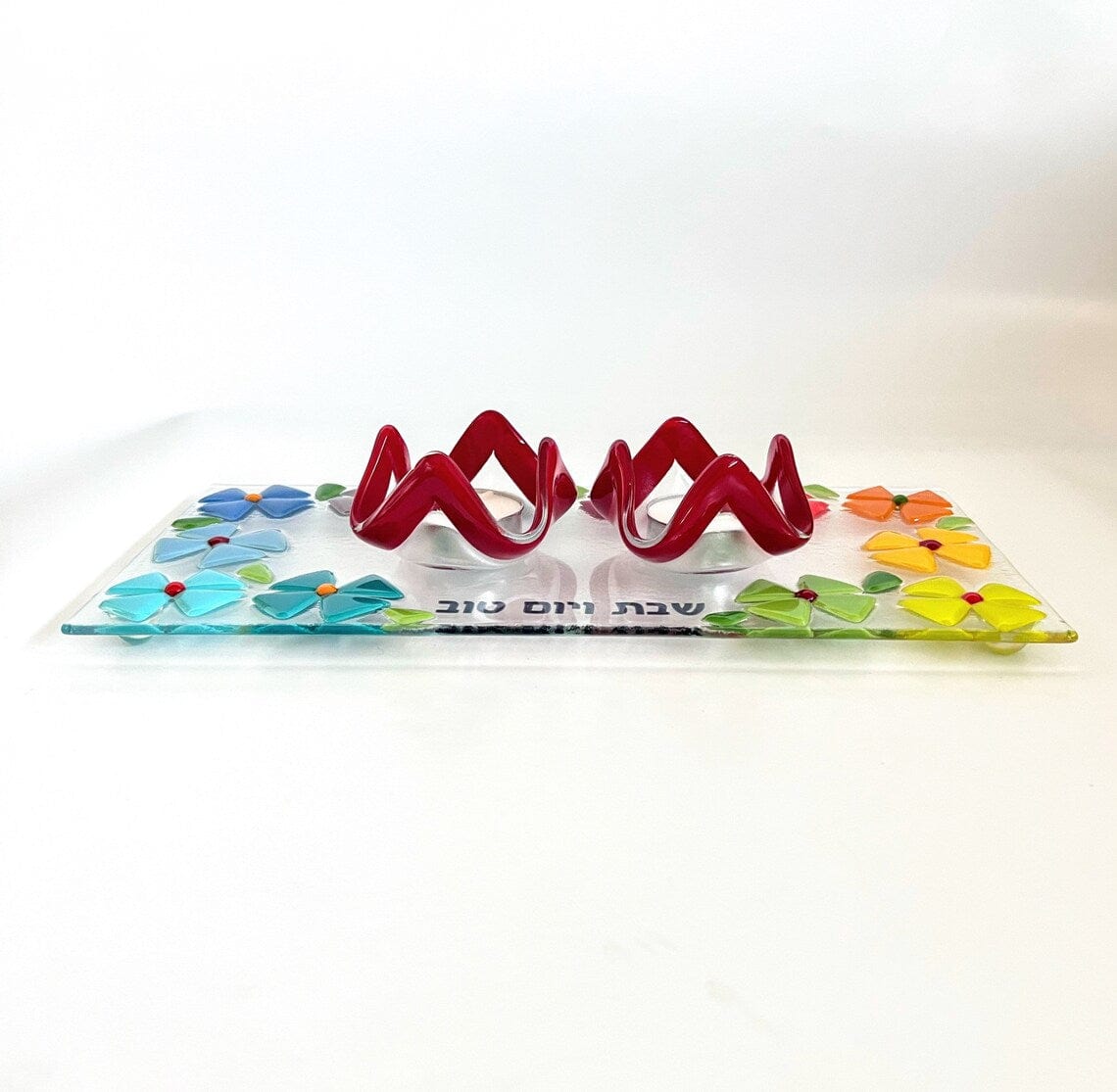 Shevi B Glass Creations - Floral Shabbat Candlestick Set - Rainbow - ModernTribe