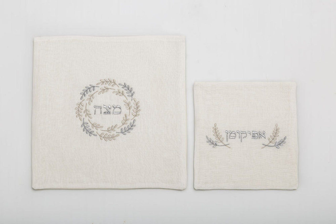 Three Generations - Silver Embroidered Matzah Cover and Afikomen Bag Set - ModernTribe