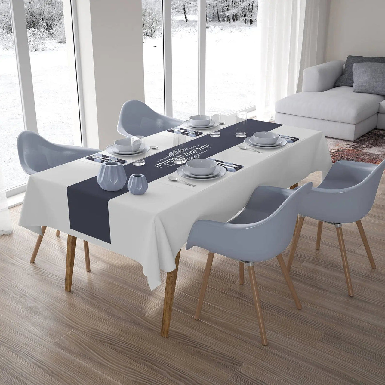 Hebraica - Hebrew Cotton "Blessings Begin" Table Runner - Blue - ModernTribe