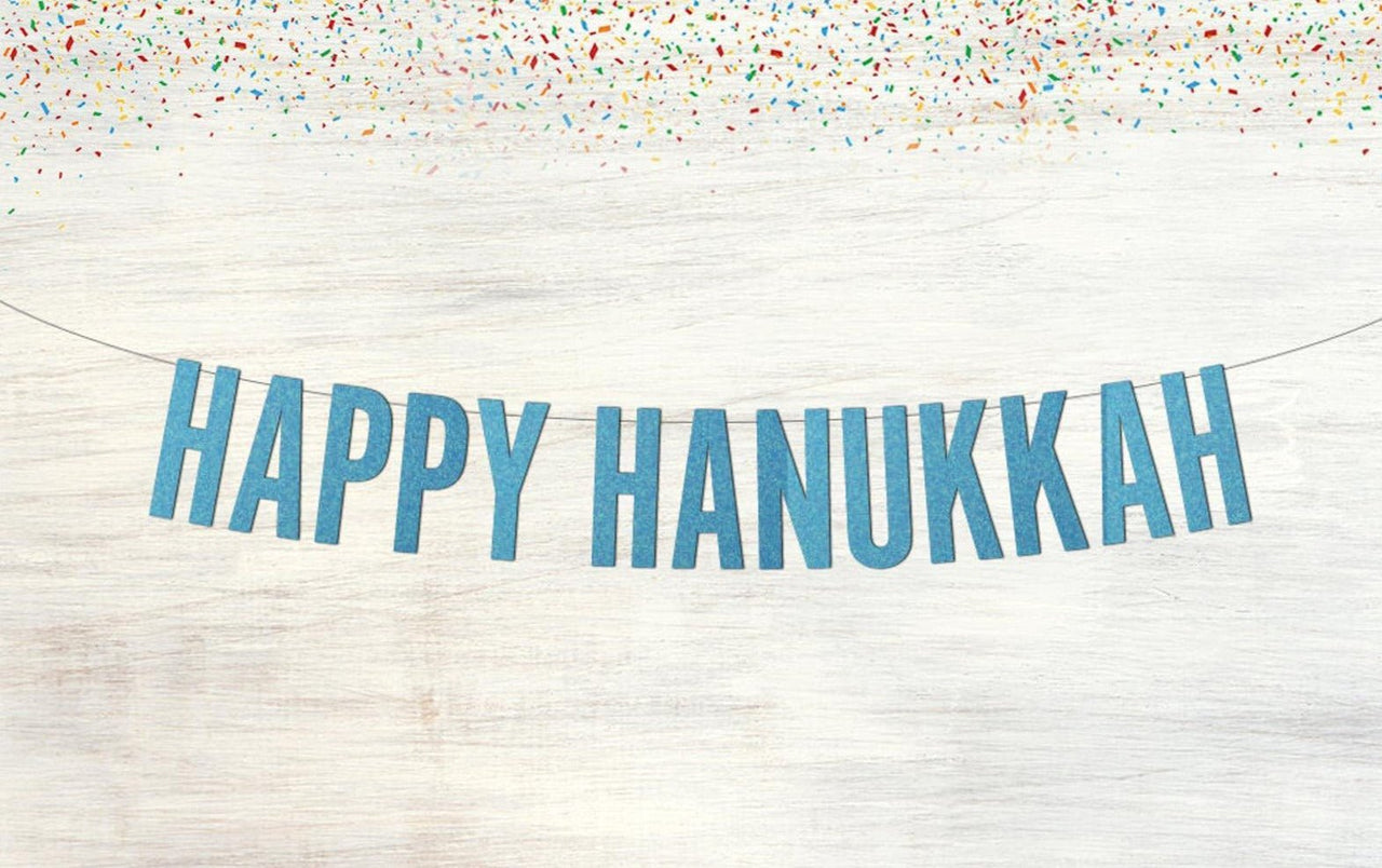 Custom Paper Props - Happy Hanukkah Blue Glitter Banner - Block or Script Letters - ModernTribe