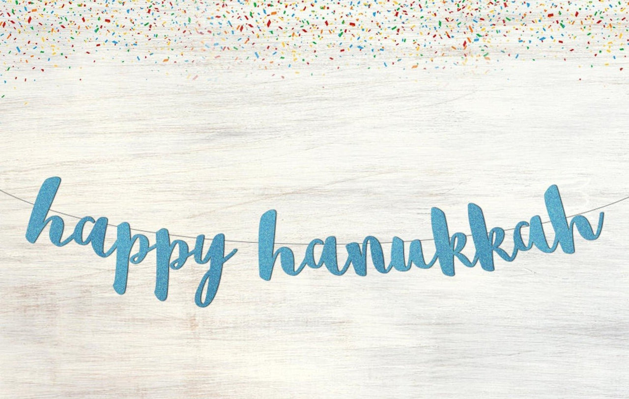 Custom Paper Props - Happy Hanukkah Blue Glitter Banner - Block or Script Letters - ModernTribe