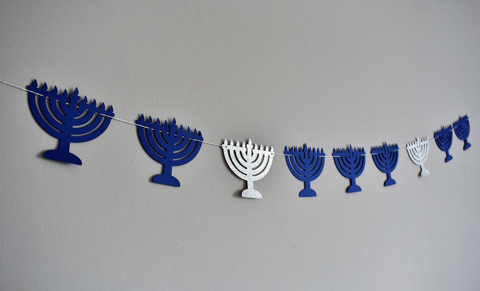 The KitCut Decorations Menorah Garland - Blue and Silver Glitter