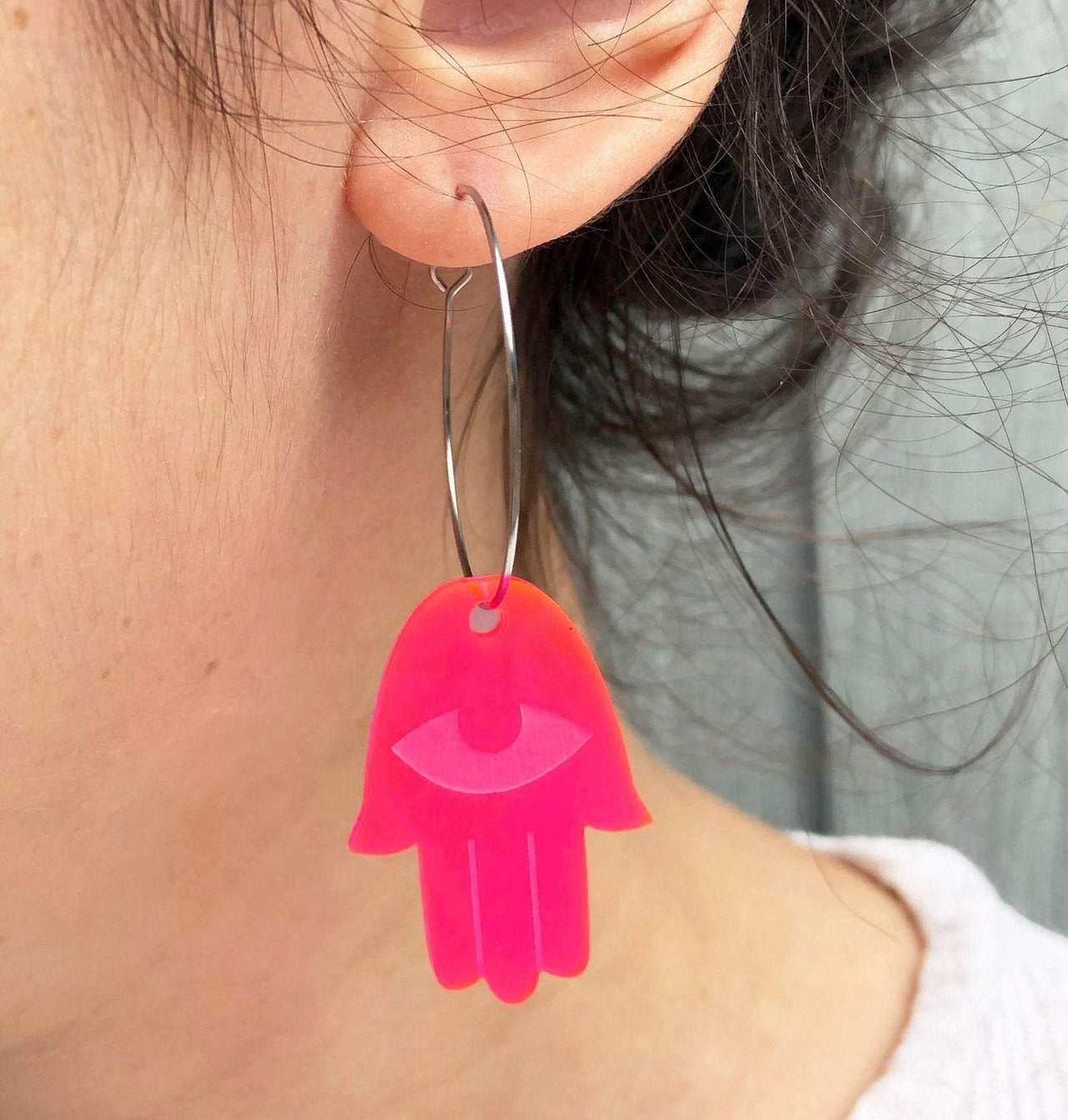 Counter Form Jewelry - Neon Pink Acrylic Hamsa Hoop Earrings - ModernTribe