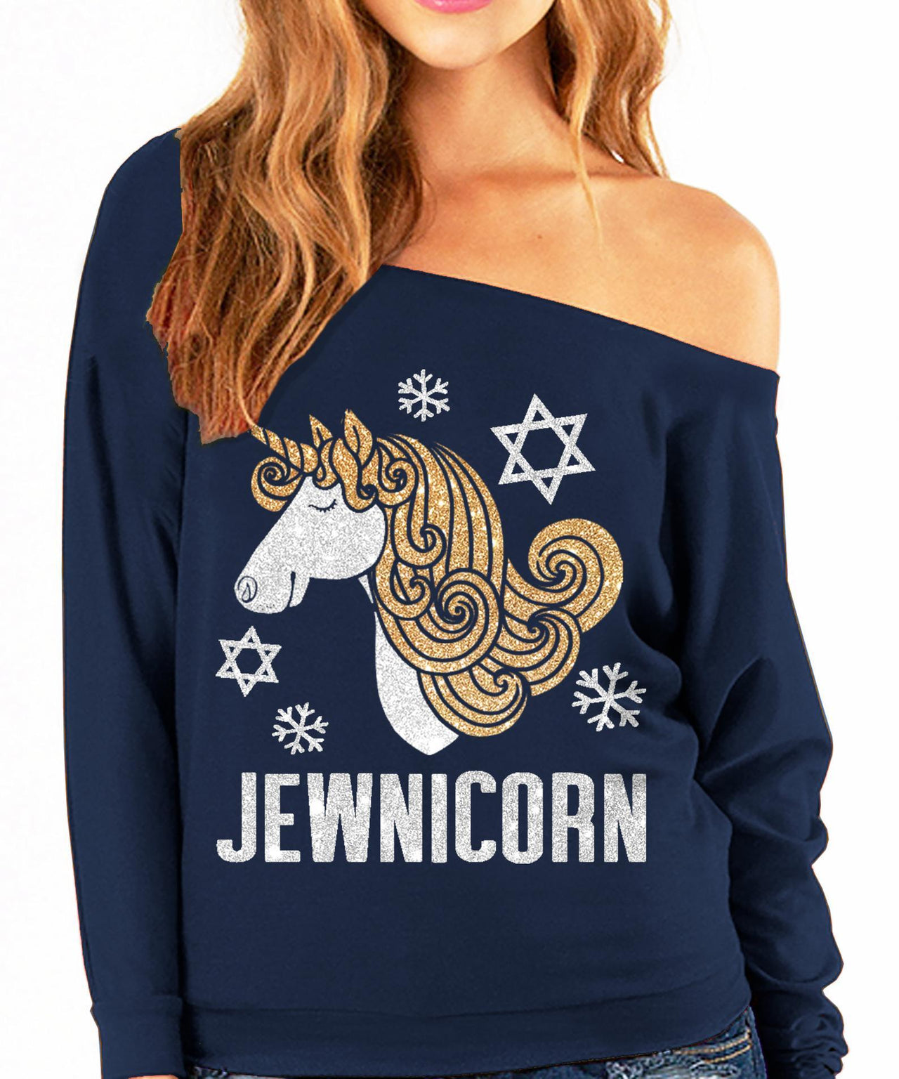ModernTribe - Jewnicorn Glitter Slouchy Women’s Sweatshirt - Navy - ModernTribe