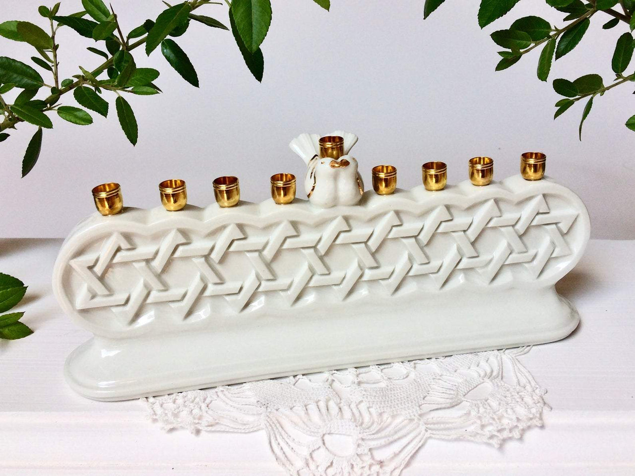 Judaica Hungarica - Porcelain Geometric White Bird Menorah - ModernTribe