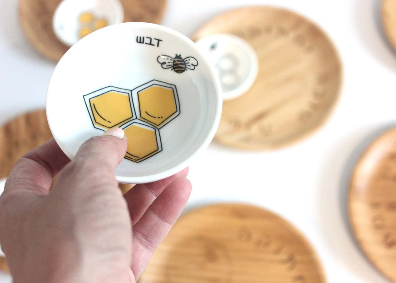 Mickala Design - Bamboo and Ceramic Apple and Honey Dish Set - Colorful - ModernTribe