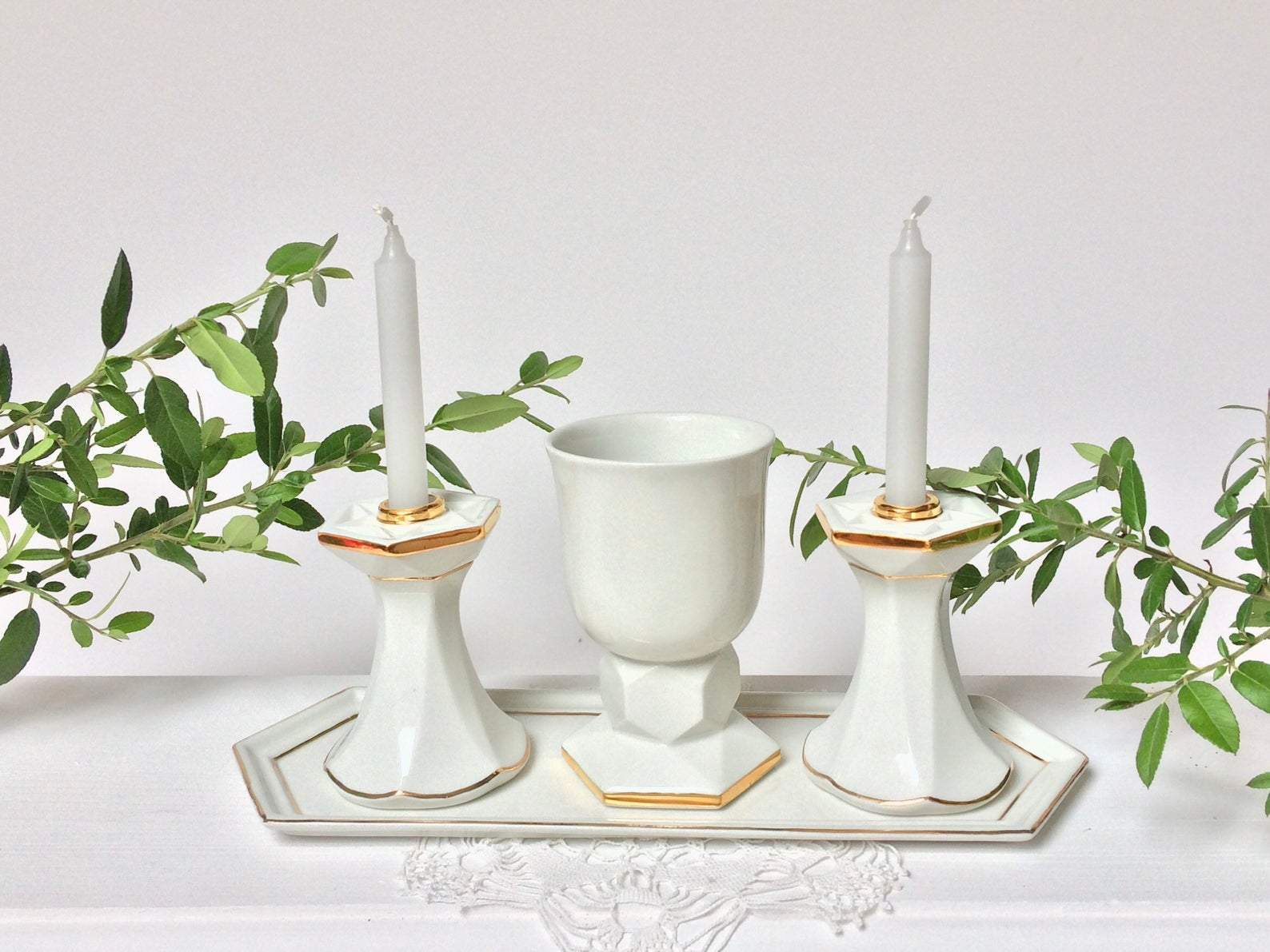 Shabbat Candle Holders, Kiddush selling Cup, and Decorative Tray