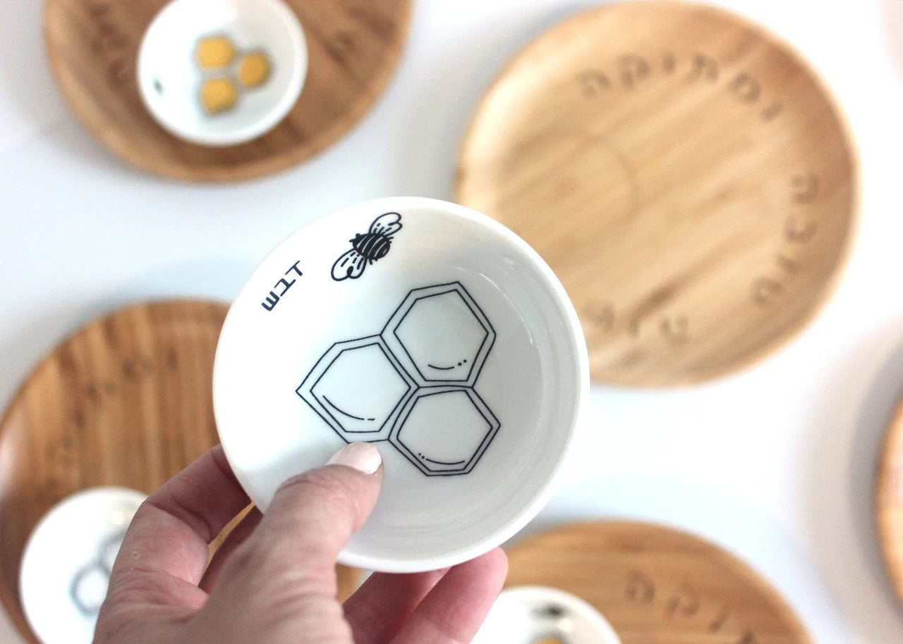 Mickala Design - Bamboo and Ceramic Apple and Honey Dish Set - Black and White - ModernTribe