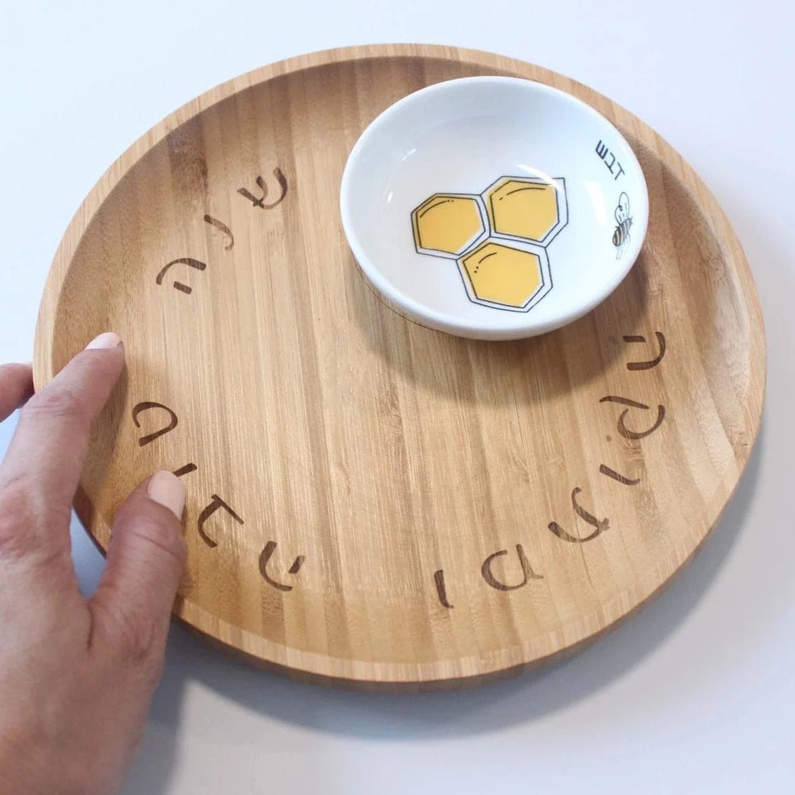 Mickala Design - Bamboo and Ceramic Apple and Honey Dish Set - Colorful - ModernTribe