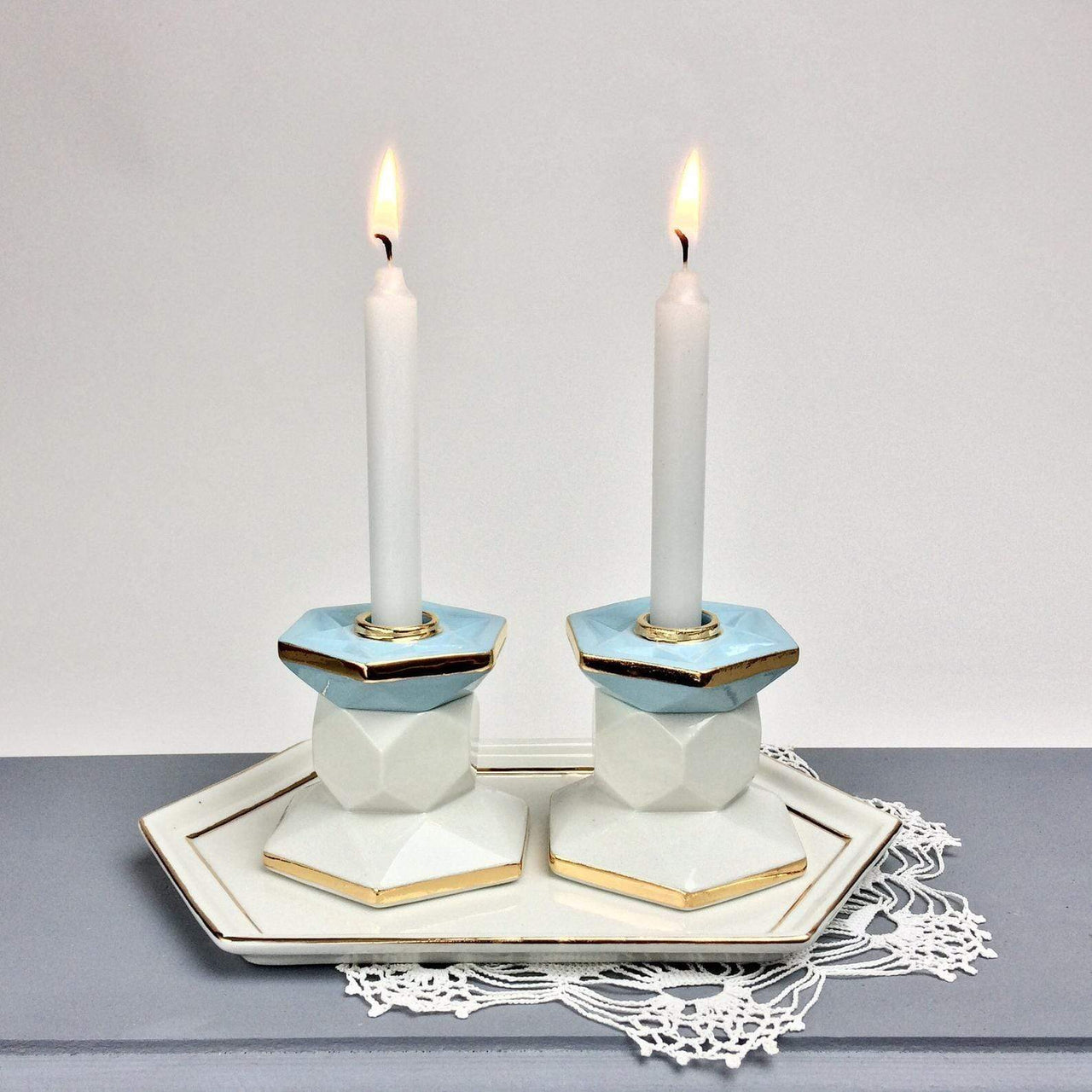Judaica Hungarica - Turquoise and White Porcelain Shabbat Candlesticks - ModernTribe