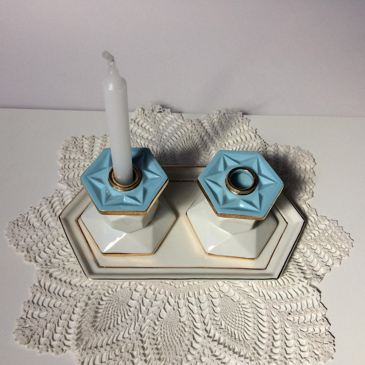Judaica Hungarica - Turquoise and White Porcelain Shabbat Candlesticks - ModernTribe