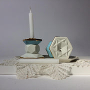 Judaica Hungarica Candlesticks Turquoise and White Porcelain Shabbat Candlesticks