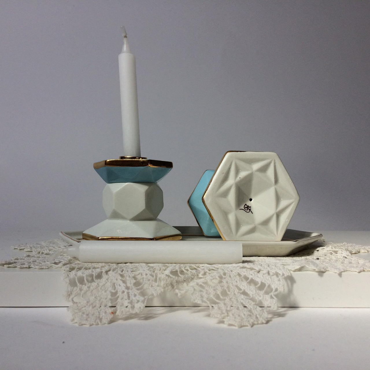 Judaica Hungarica - Turquoise and White Porcelain Shabbat Candlesticks - ModernTribe