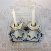 Judaica Hungarica Candlesticks Blue and White Porcelain Shabbat Candlesticks