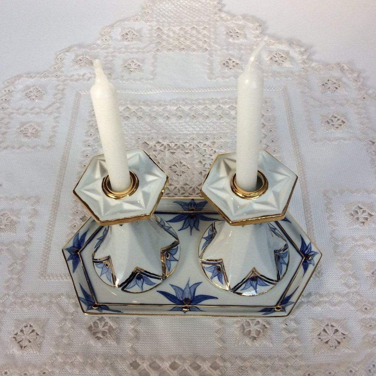 Judaica Hungarica - Blue and White Porcelain Shabbat Candlesticks - ModernTribe