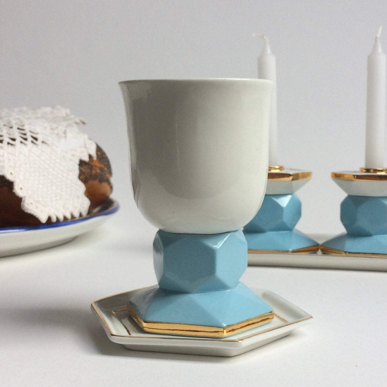 Judaica Hungarica - Blue, White and Gold Porcelain Geometric Kiddush Cup - ModernTribe