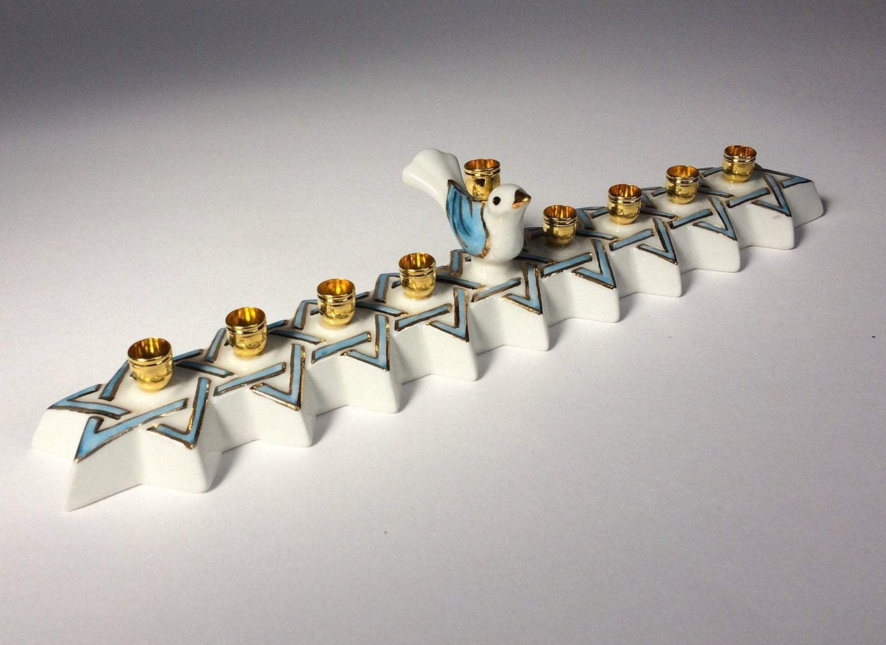 Judaica Hungarica - Porcelain Blue Bird Menorah - ModernTribe