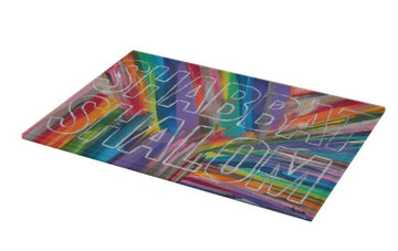 Arielle Zorger Candlesticks Shabbat Shalom Rainbow Glass Drip Tray/ Challah Board