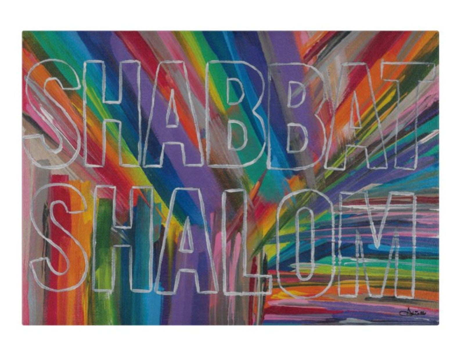 Arielle Zorger Candlesticks Shabbat Shalom Rainbow Glass Drip Tray/ Challah Board