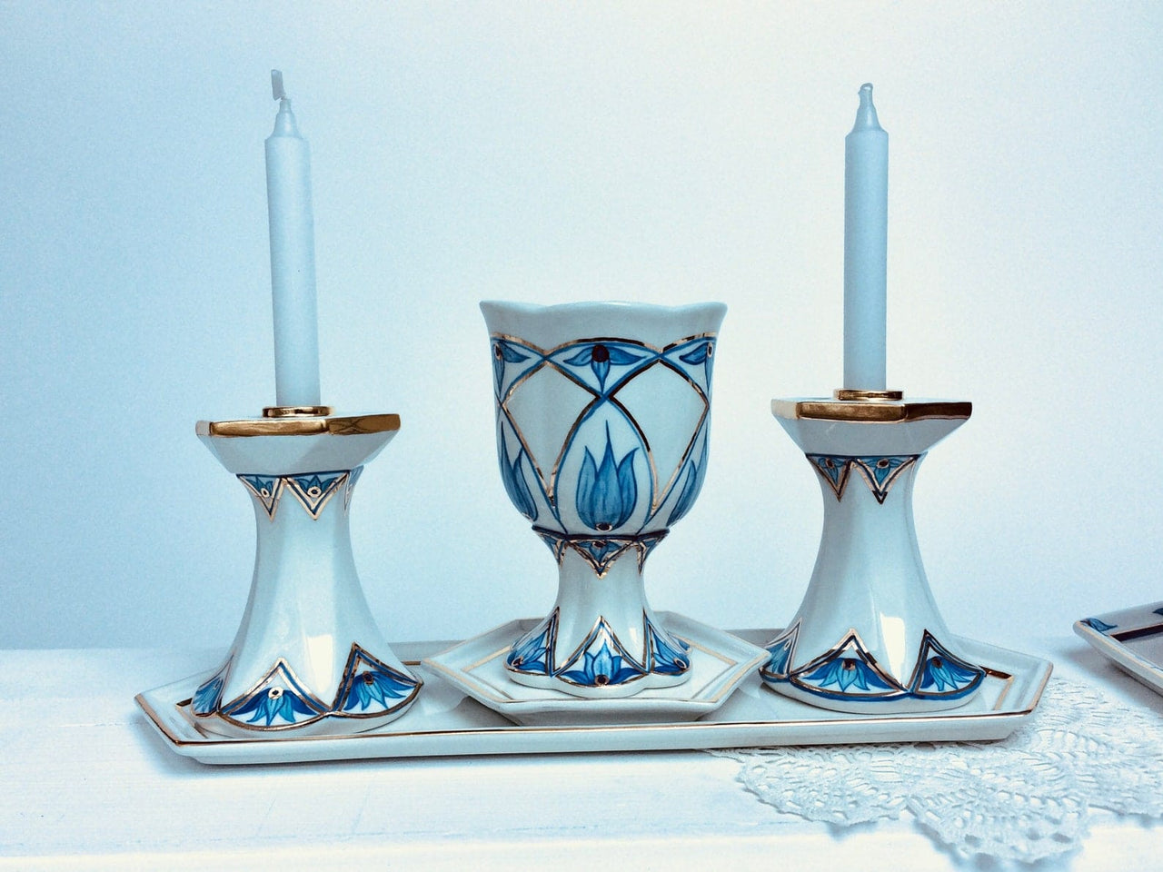 Judaica Hungarica - Modern Blue Floral Porcelain Shabbat Set - Kiddush Cup and Candlesticks - ModernTribe