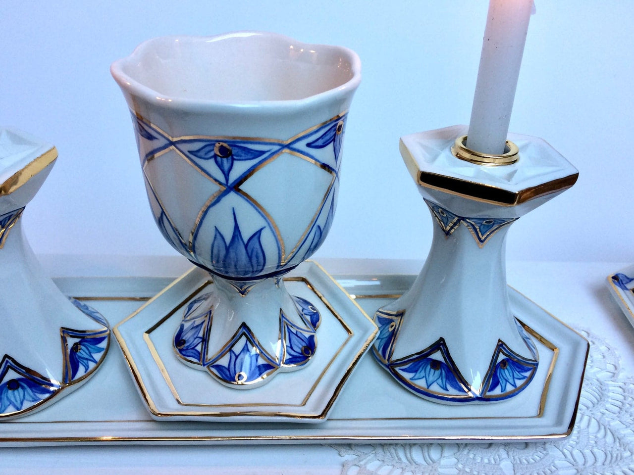 Judaica Hungarica - Modern Blue Floral Porcelain Shabbat Set - Kiddush Cup and Candlesticks - ModernTribe