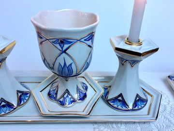 Judaica Hungarica Candlesticks Modern Blue Floral Porcelain Shabbat Set - Kiddush Cup and Candlesticks