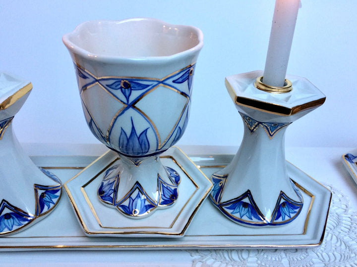 Judaica Hungarica Candlesticks Modern Blue Floral Porcelain Shabbat Set - Kiddush Cup and Candlesticks