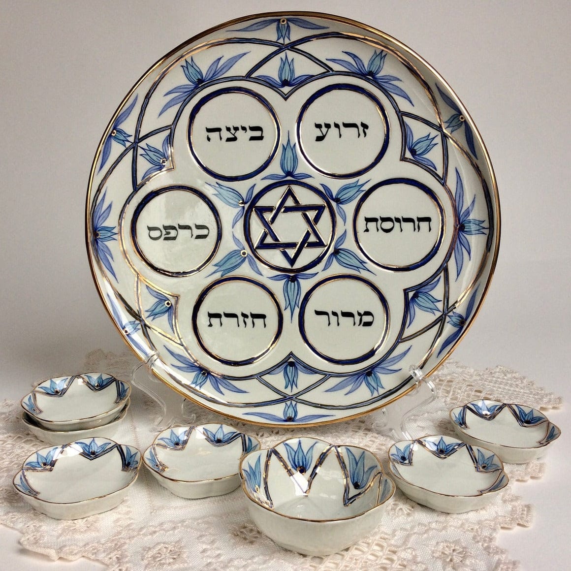Judaica Hungarica Seder Plates Navy, Turquoise and Gold Floral Handmade Seder Plate and Salt Bowl