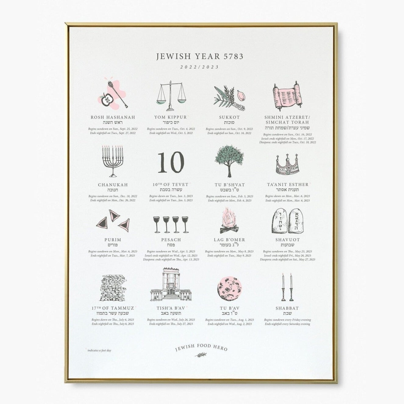 Jewish Holiday Calendar Print 5783 (2022 - 2023) - Frame Not