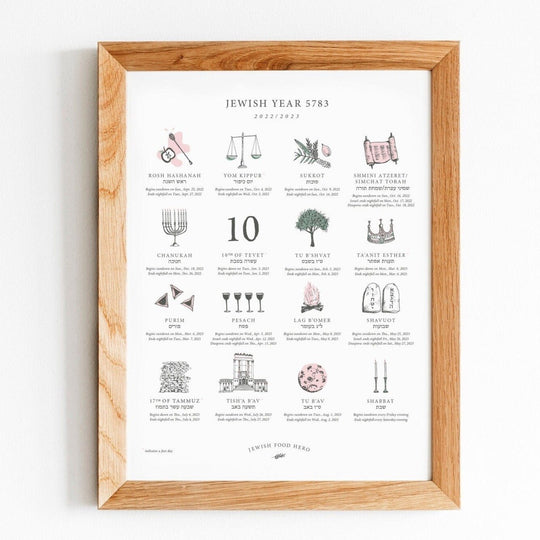 Jewish Holiday Calendar Print 5783 (2022 - 2023) - Frame Not Included