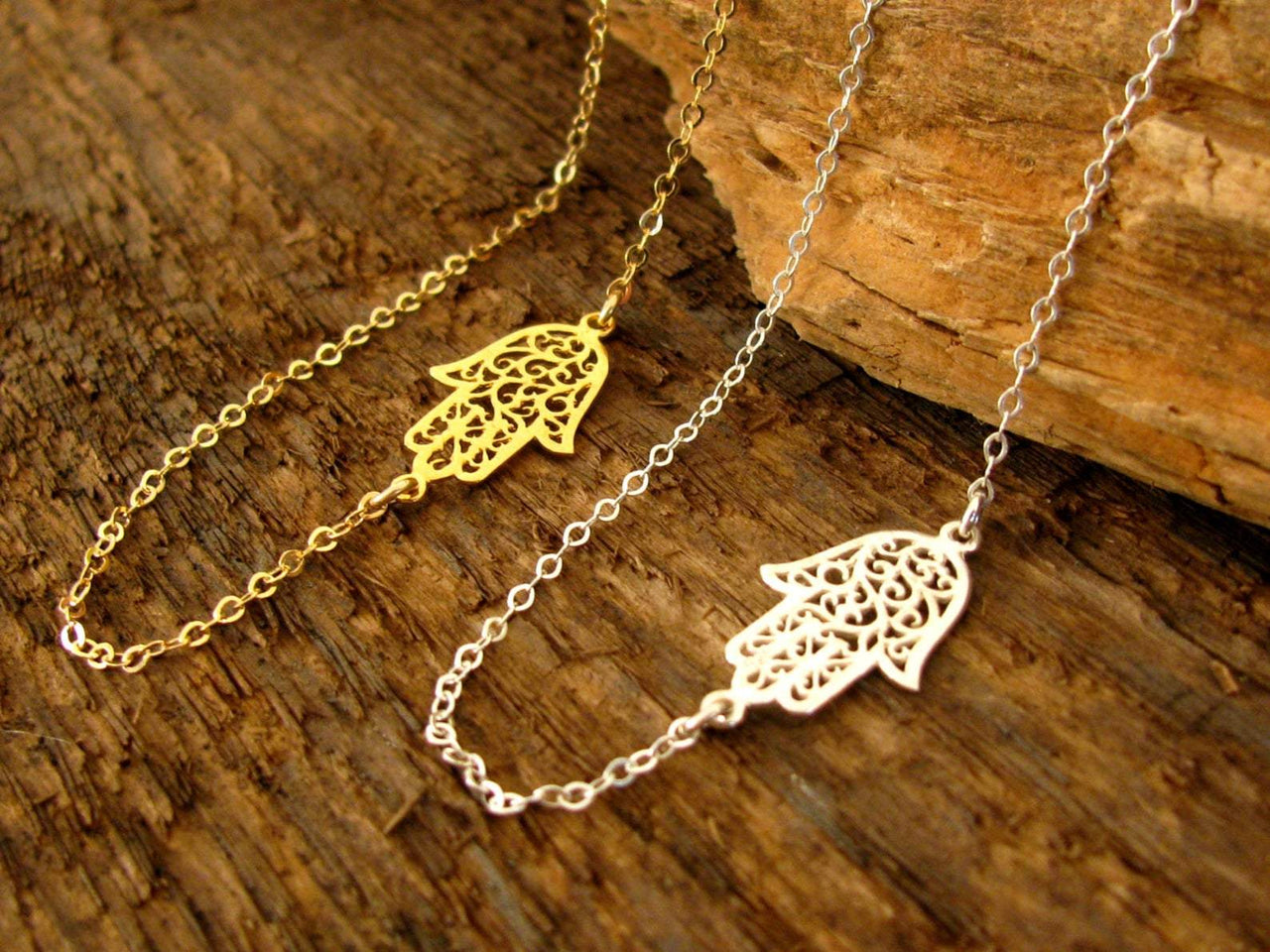 Mini Maxi - Sideways Lacy Silver or Gold Hamsa Necklace - ModernTribe