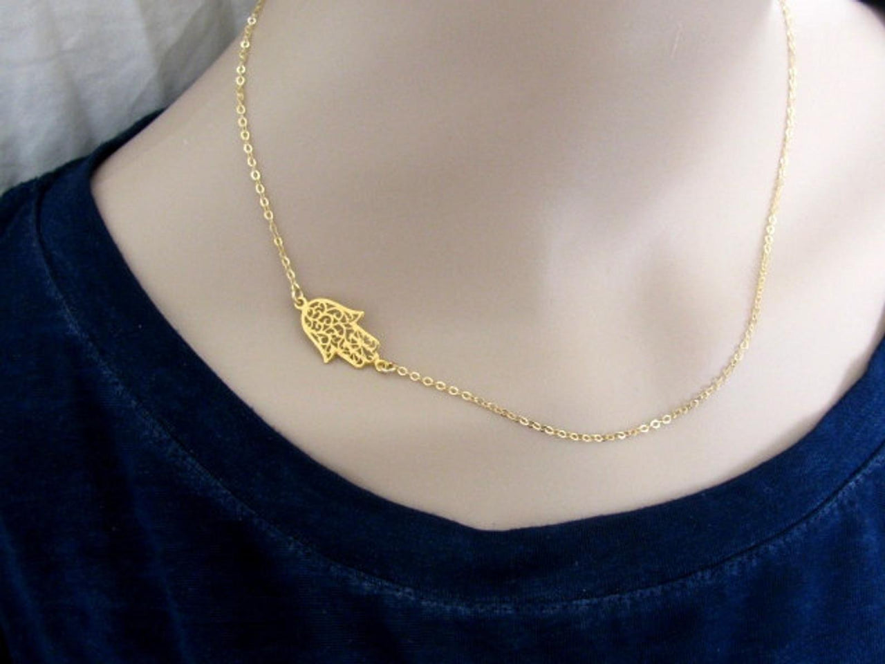 Mini Maxi - Sideways Lacy Silver or Gold Hamsa Necklace - ModernTribe