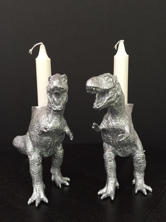 The Vanilla Studio Candlesticks Dinosaur Shabbat Candlesticks in Silver