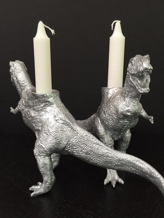 The Vanilla Studio - Dinosaur Shabbat Candlesticks in Silver - ModernTribe