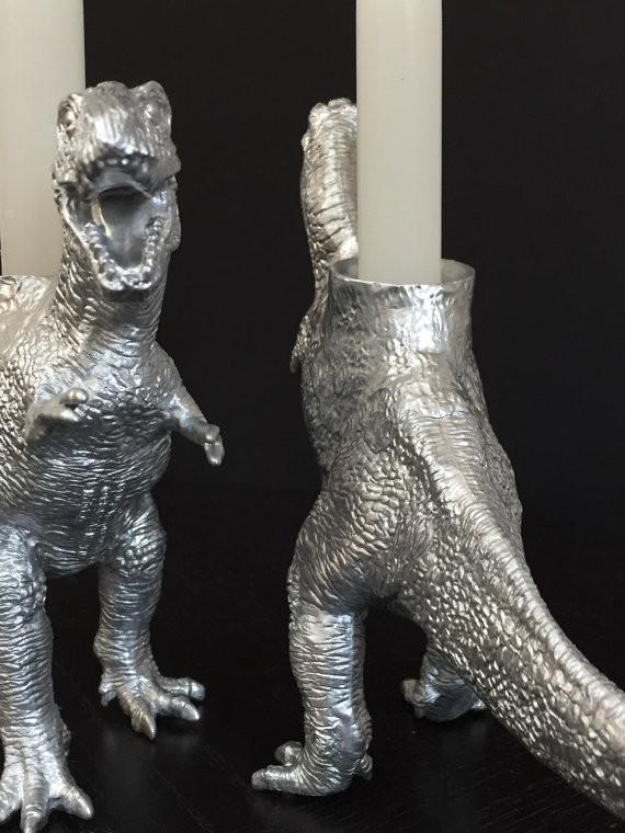 The Vanilla Studio - Dinosaur Shabbat Candlesticks in Silver - ModernTribe