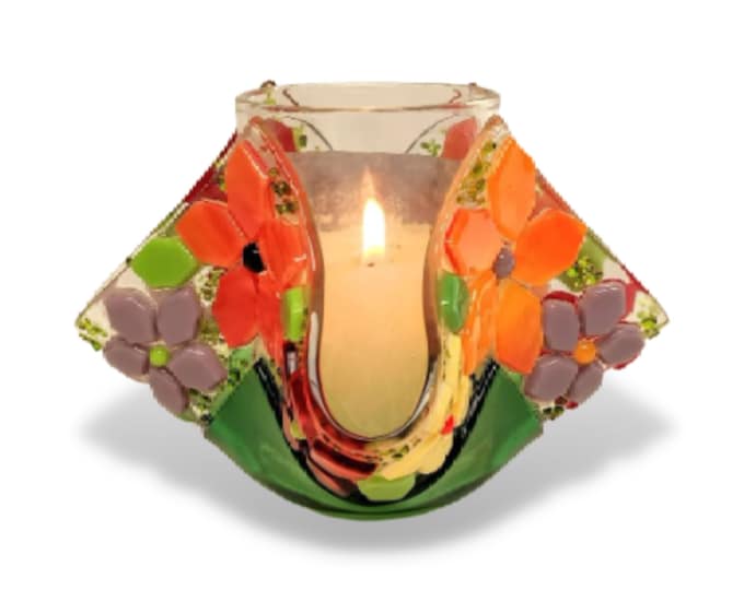 Shevi B Glass Creations Candlesticks Floral Yahrzeit Candle Holder - Spring