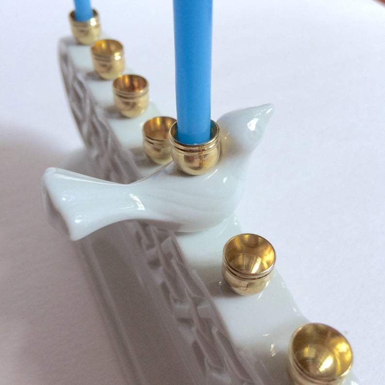 Judaica Hungarica - Porcelain Geometric White Bird Menorah - ModernTribe