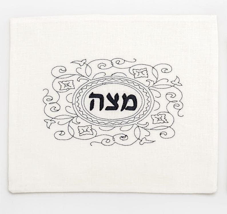 Three Generations - Black and White Embroidered Matzah Cover and Afikomen Bag Set - ModernTribe