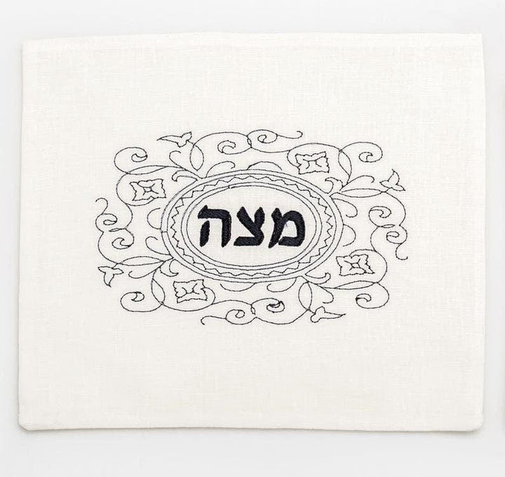 Barbara Shaw Matzah Covers Black and White Embroidered Matzah Cover and Afikomen Bag Set
