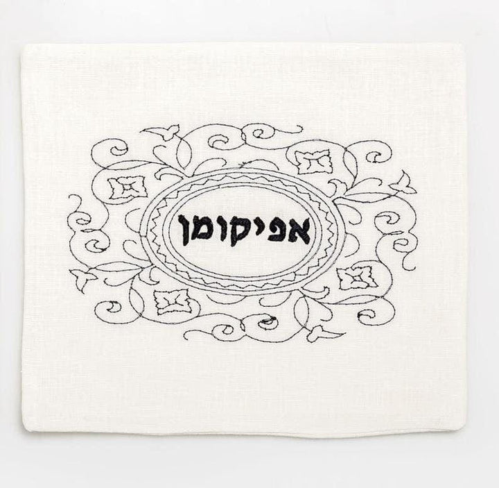 Barbara Shaw Matzah Covers Black and White Embroidered Matzah Cover and Afikomen Bag Set