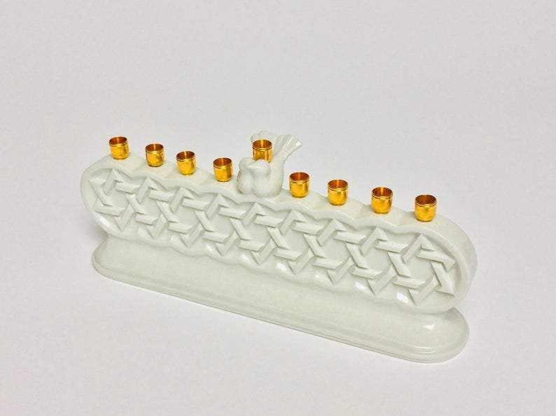 Judaica Hungarica - Porcelain Geometric White Bird Menorah - ModernTribe