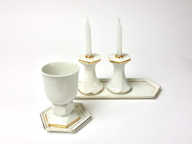 Judaica Hungarica - Modern White and Gold Porcelain Shabbat Set - Kiddush Cup and Candlesticks - ModernTribe