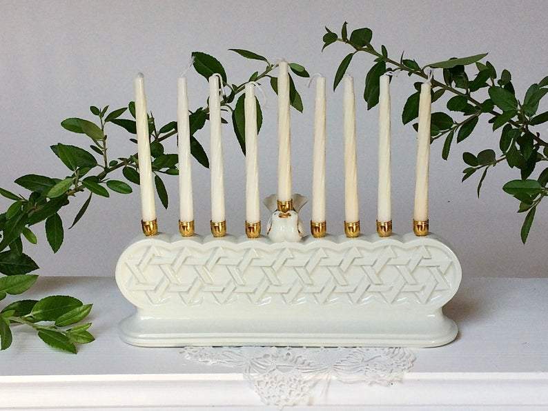 Judaica Hungarica - Porcelain Geometric White Bird Menorah - ModernTribe