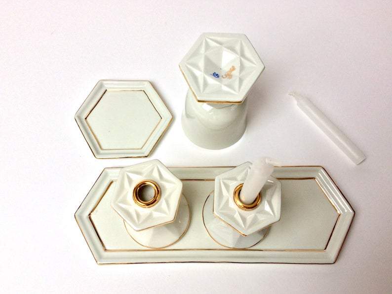 Judaica Hungarica - Modern White and Gold Porcelain Shabbat Set - Kiddush Cup and Candlesticks - ModernTribe