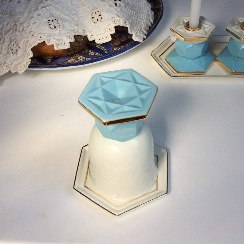 Judaica Hungarica Kiddush Cups Blue, White and Gold Porcelain Geometric Kiddush Cup